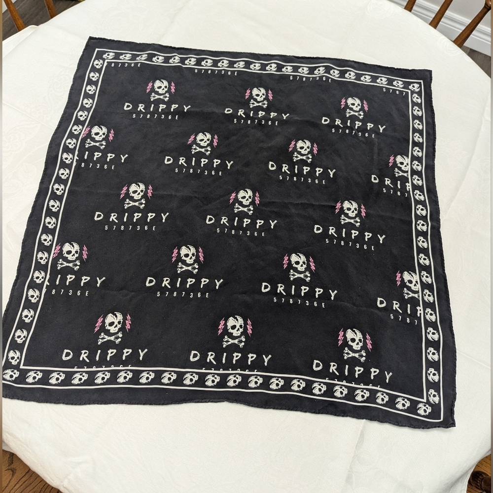 Black Drippy Skull And Crossbones Silk Bandana.  Rolled Edges. Black White Pink.